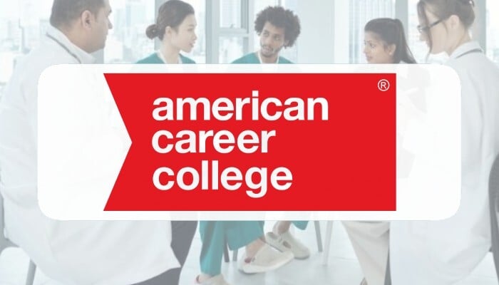 Image of medical students in a lab with the American Career College logo, representing financial process transformation and budgeting for healthcare education using Planful.