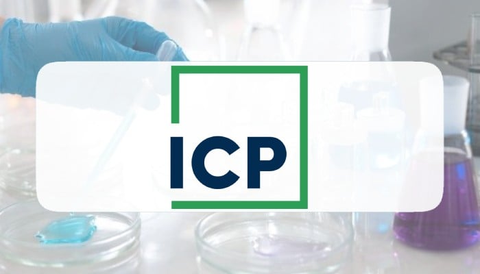 ICP company logo over a chemical manufacturing background, representing the management of rapid acquisition growth and consolidation using Planful.